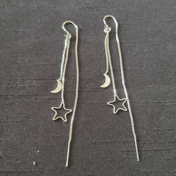 Star and moon silver tone long chain tassel minimalist  earrings - Picture 1 of 2